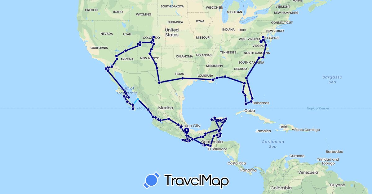 TravelMap itinerary: driving, boat in Belize, Guatemala, Mexico, United States (North America)